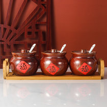 陶瓷调料盒调味罐调料组合套装家用厨房调味盒油盐罐两三件套复古(釉红-鼓形调味罐 默认版本)