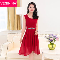 VEGININA 韩版修身收腰中长款雪纺连衣裙 9515(红色 XXL)