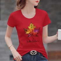 棉 T恤女夏季印花设计感体恤衫修身显瘦上衣韩版女装(字母彩色枫叶【红色】 S)
