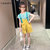 CaldiceKris（中国CK）女童绿条纹纽扣黄色背带裤套装CK-FS3413(140 黄色)