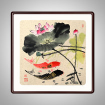现代中式客厅装饰画斗方字画玄关餐厅壁画(荷花鱼 带框65*65cm/幅)