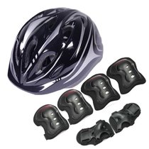 自行车头盔青少年山地配件装备全套骑行用品儿童滑轮防护套装越野(黑色头盔+蝴蝶护具套装（6-15岁 默认版本)