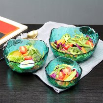 玻璃锤纹彩色沙拉碗家用茶洗客厅水果盘干果盘创意加厚套件(深绿 描金大号)