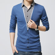假两件衬衫领男士毛衣套头毛线衣男装韩版V领薄款春季男生针织衫E6237(E6237蓝色薄款 4XL)