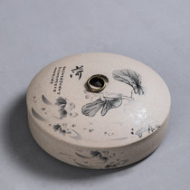 粗陶茶饼罐 普洱茶饼罐茶叶罐陶瓷存茶罐储藏罐收纳盒醒茶盒(荷花（带盖）)