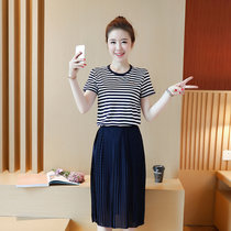 邑概念 新款韩版女装夏季条纹短袖百褶裙雪纺连衣裙套装裙2309(蓝色 XL)