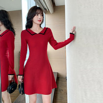 MISS LISA赫本风法式红色连衣裙时尚女装内搭针织裙C150(红色 L)