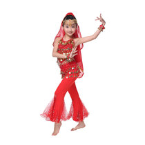 【肚兜喇叭裤】儿童印度舞演出服女童新疆表演服少儿肚皮舞服装(红色 七件套)(160cm)