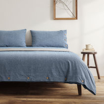 远梦素色棉麻床单四件套纯棉被套枕套床单 谧蓝270cm×245cm 丝滑柔软 轻松收纳 养生舒适睡眠