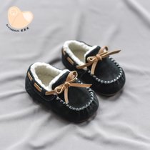 宝宝鞋子0一1-2岁冬季鞋女童加绒学步鞋婴幼儿棉鞋保暖儿童豆豆鞋(黑色加棉 28码内长约17.5cm)