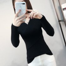 秋装女衣服2021新款修身毛衣打底衫女百搭显瘦针织衫长袖性感上衣(黑色 XL 【建议116-135斤】)