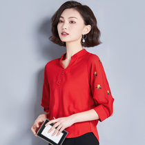 亿梦诗 夏装新款打底衫女遮肚洋气V领雪纺衫时尚蜜蜂刺绣花短款ET580(红色 XL)