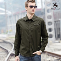 男士商务休闲长袖衬衫外套全棉免烫绅士男外套衬衫(1401-军绿色 L)