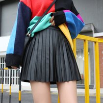 春季新款韩版小皮裙半身裙学生高腰A字短裙大码黑色pu皮百褶裙女 黑色(黑色)(XL)