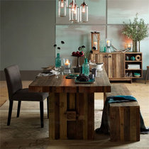 北欧现代简约全实木餐桌椅组合家用原木饭桌小户型表情桌茶桌长桌(旧松木原木色150x70x75x6)