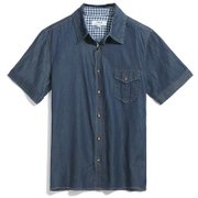 VaLS 新品男款洗水牛仔短袖衬衣030200049(深蓝色 XXL)