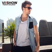 viishow2013夏季新品短袖衬衫男潮流时尚欧美纯色修身男士衬衫 CD076(浅兰色 L)