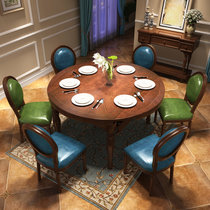 美天乐 美式乡村实木伸缩餐桌椅组合圆桌欧式一桌六椅组合(胡桃色餐桌（带B款六椅（全木质椅）)