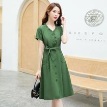 一三得衫夏季短袖连衣裙2022年流行女装气质收腰显瘦薄款裙子(绿色 XL)