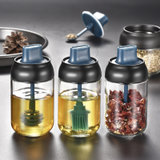 美佳多 厨房瓶勺盖一体调味瓶盐刷油蜂蜜瓶家用防潮密封玻璃调料罐(兰黑色蜂蜜瓶-250ML)