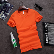 左岸男装 夏季新款男短袖T恤V领修身青少年韩版纯色半袖打底衫(橙色 XXXL)
