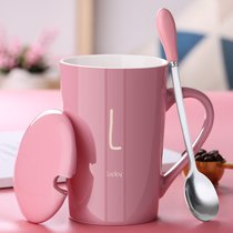 创意早餐杯子陶瓷马克杯带盖勺喝水杯男女生情侣咖啡杯办公室茶杯(粉色款-L)