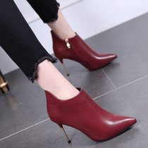 欧美细高跟短靴女2017冬季新款细跟高跟鞋尖头防水台马丁靴女踝靴(39)(酒红色)