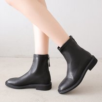 SUNTEK瘦瘦靴短靴女2021年新款方头靴子女春秋季鞋子中跟气质短筒加绒冬(39 黑色绒里)