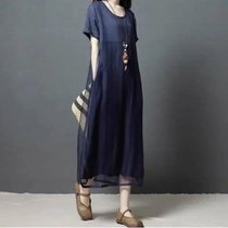 一三得衫宽松时尚大码拼接显瘦短袖韩版亚麻中长裙子(藏青色 L)