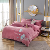善纯高密加厚婴儿绒中国风刺绣四件套 粉色1.5-1.8米床单款 高密加厚 舒适保暖