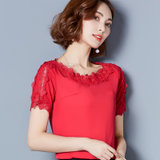 莉菲姿 雪纺短袖夏季新款韩版修身女装一字领镂空性感纯色百搭上衣(红色 M)