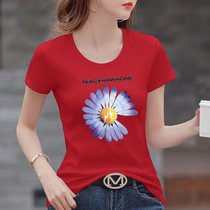 棉 T恤女夏季印花设计感体恤衫修身显瘦上衣韩版女装(紫色雏菊【红色】 S)