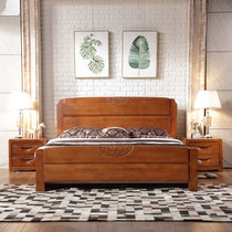 明佳友 床 实木床 1.8米欧式双人床 单人床 橡木床 实木家具床 中式田园床M9981(胡桃色高箱床 1.8米床+1床头柜)
