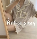 SUNTEK2022夏季韩国ins风清新简洁翻领小格子睡衣女短袖家居服套装(花边格子)