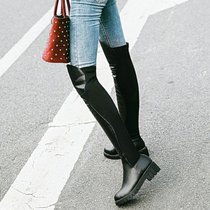2017时尚拼接绒里低跟方跟厚底圆头女士套筒过膝长筒靴高筒靴大码(39)(黑色)