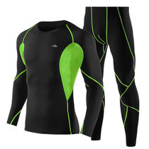 男士速干紧身衣套装长袖跑步压缩服弹力马拉松运动健身服tp1332(黑绿色 XXL)