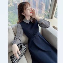 一三得衫时尚拼接连衣裙衬衫领2021年长袖洋气韩版宽松裙(深蓝色 L)