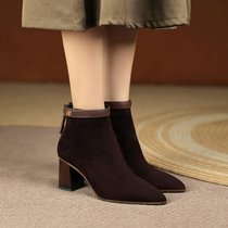 SUNTEK舒适女鞋高跟鞋2021年冬季加绒短筒尖头粗跟高跟短靴女法式靴(36 黑色绒里)