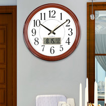 汉时（Hense)客厅静音装饰挂钟仿木纹创意时钟简约日历挂表带液晶屏石英钟表HW41(仿木纹-17寸)