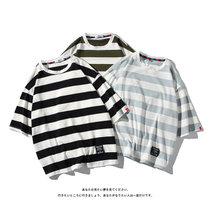 X17短袖T恤男2022夏季新款休闲条纹T恤衫日系宽松大码圆领套头短袖男 XCF0010(浅蓝 XL)
