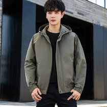 新款2021秋季韩版潮流男生棒球服工装连帽夹克男士休闲外套(军绿色 XL)