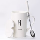 创意个性陶瓷马克杯带盖勺咖啡杯家用情侣喝水杯子男生办公室茶杯(白色款-H)