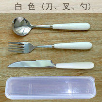 便携式陶瓷不锈钢三件套西餐具汤勺子筷子刀叉子套装创意可爱学生(刀-叉-勺-三件套(白色))