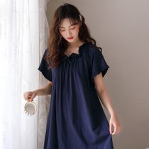 新款纯棉睡裙中裙睡衣裙时尚纯色圆领(暗蓝 XL)