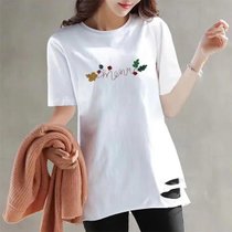 韩版白色短袖破洞t恤女2022夏季新款百搭中长款打底衫女上衣ins潮(白色 S)