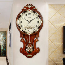 汉时(Hense)欧式创意复古石英静音挂钟客厅自动校时实木装饰摆钟HP07(棕色中号-石英机芯)
