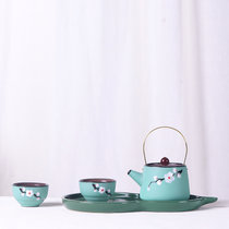 日式手绘陶瓷功夫茶具 茶壶茶杯套装简约一壶两杯一壶四杯(手绘提梁壶青色-一壶4杯)