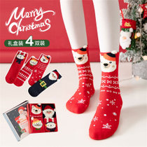 蔓楚秋冬红色保暖卡通圣诞中筒袜4双装均码红 可爱卡通圣诞袜
