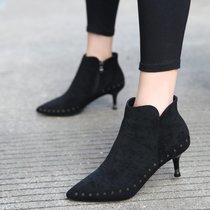 SUNTEK黑色女士高跟鞋2021秋冬款尖头短靴铆钉小跟鞋百搭加绒细跟靴5CM(35 6661黑色绒面（单里）现货)