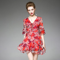 瑰蝴蝶夏季女装新款气质V领印花荷叶袖系带连衣裙短裙72798(红色 XL)
